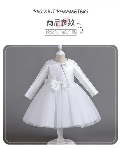 ELBCOS 4-14Y Girls Tie Crew Neck Long Sleeves Solid Color Fold Skirt Cardigan Coat Waist Bow Costumes Princess Party Dress Suit