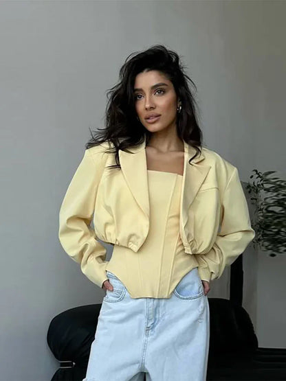 Two Piece Set Fishbone Strapless Vest Top Suit Short Jacket Solid Color Slim Fit Fashion Women Tank Blouse Waist Cinched Coat