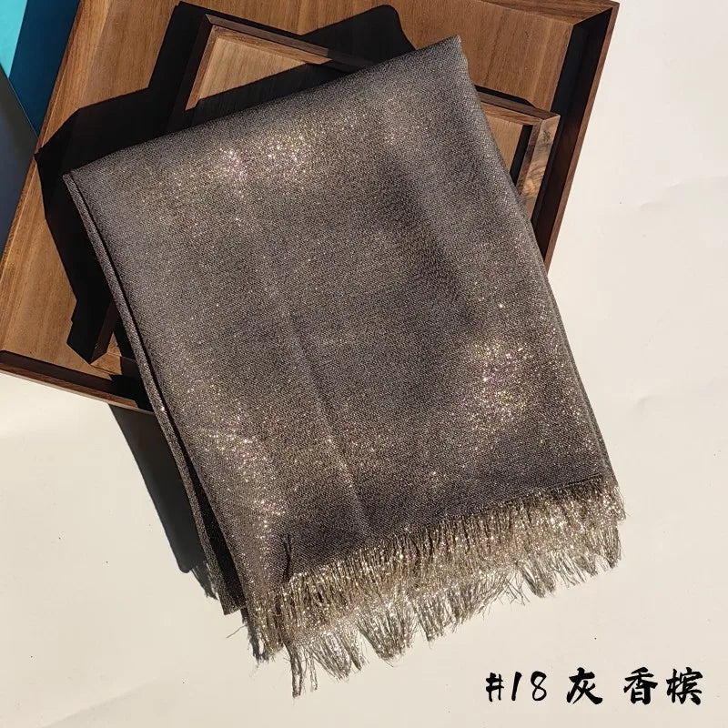 Lastest Brand Design Scarf Shiny Solid Color Shawls Rayon Fabric Gold Silk Silver Wire Head Shawl Fringe Hijab For Women 18