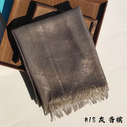 Lastest Brand Design Scarf Shiny Solid Color Shawls Rayon Fabric Gold Silk Silver Wire Head Shawl Fringe Hijab For Women 18