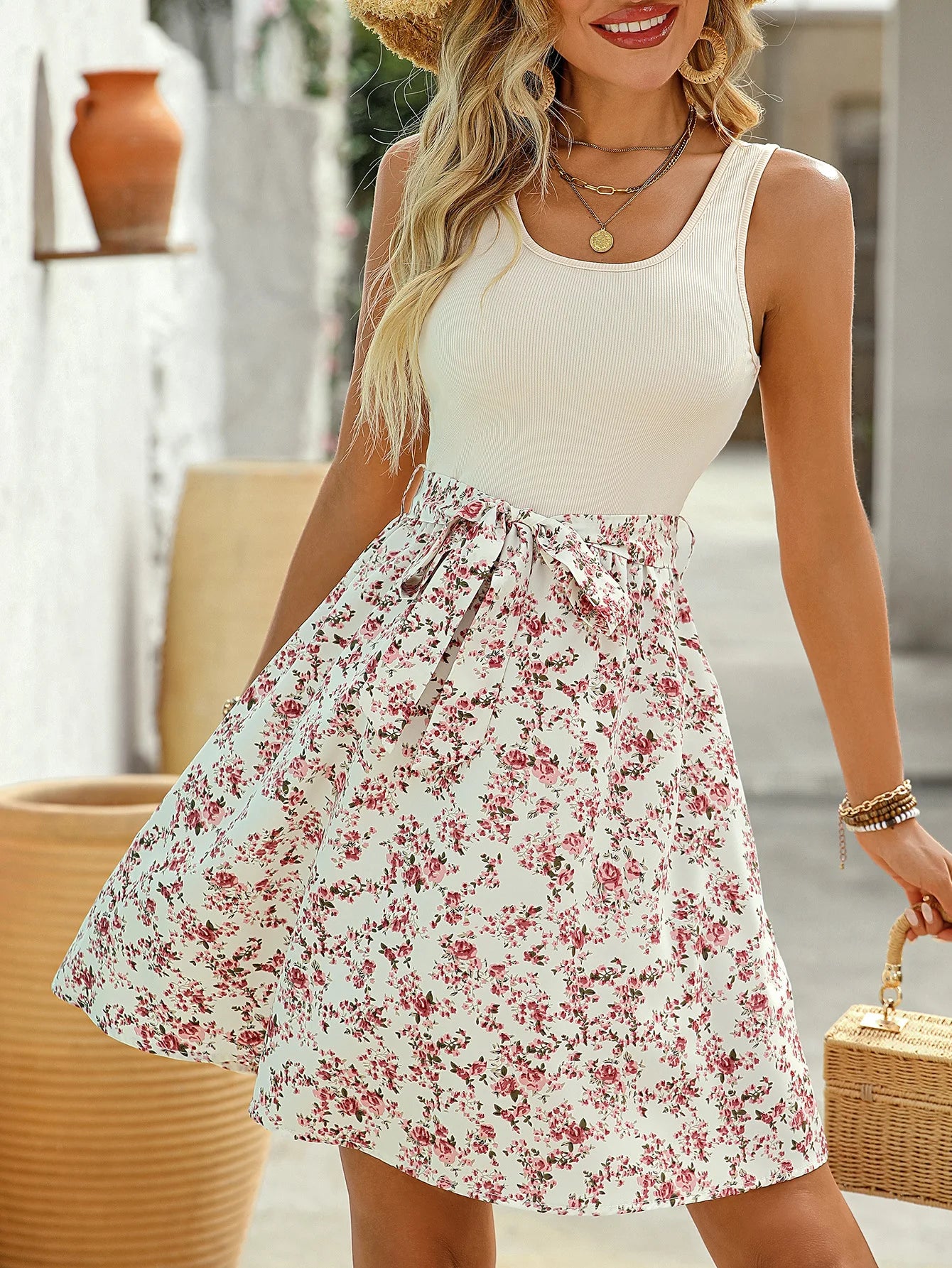 New Summer Woman Elegant Lace-up Sleeveless A-Line Dress,beach Dress For Ladies,Woman Clothing,Floral Dresses