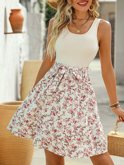 New Summer Woman Elegant Lace-up Sleeveless A-Line Dress,beach Dress For Ladies,Woman Clothing,Floral Dresses