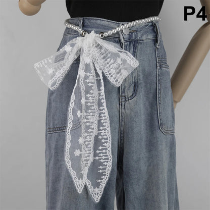 High-Quality Retro Silk Scarf Featuring Lace; Versatile Long Streamer Headband P4