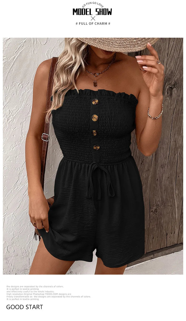 Summer Fashion Splicing Women's Solid Color Sexy Sleeveless Bra Button Tie Waist Casual Comfortable Jumpsuit Shorts 3/4