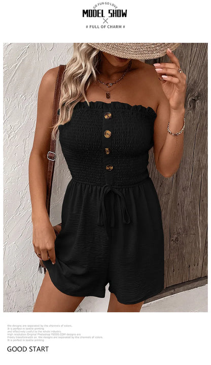 Summer Fashion Splicing Women's Solid Color Sexy Sleeveless Bra Button Tie Waist Casual Comfortable Jumpsuit Shorts 3/4