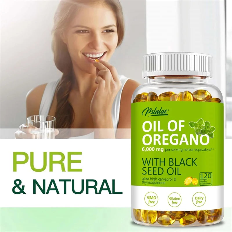Oregano Oil Softgels - Contains Black Seed Oil, Promotes Digestion and Intestinal Health, Antioxidant, Enhances Immunity