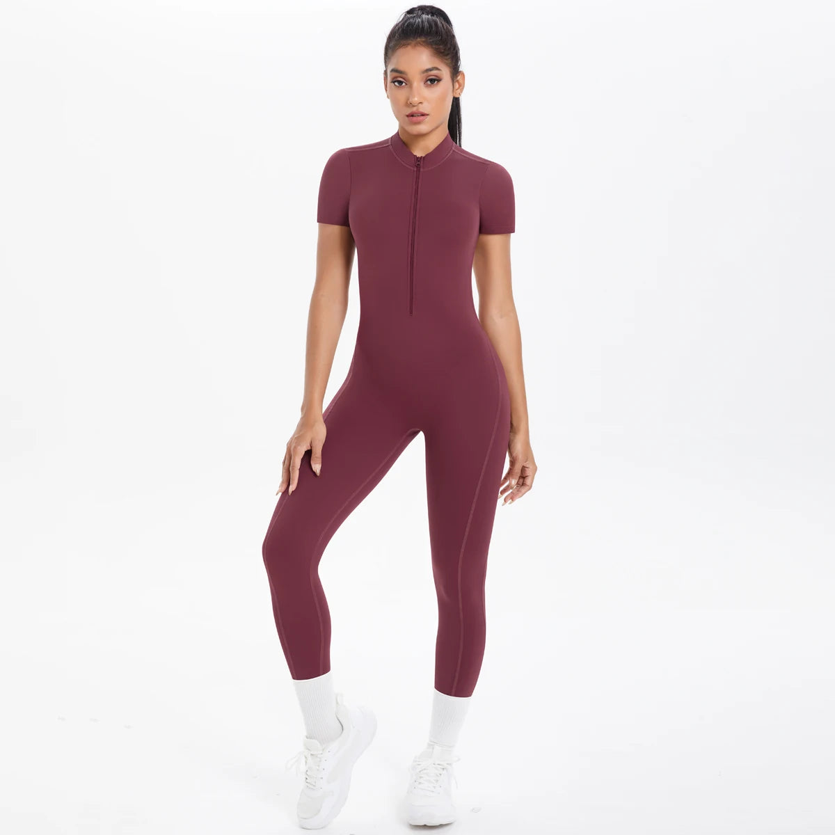 Short Sleeved Fitness Jumpsuit for Woman Bodysuits Backless Solid Color Scrunch One-Piece Suit Half Zipper Gym Yoga Sets Womens