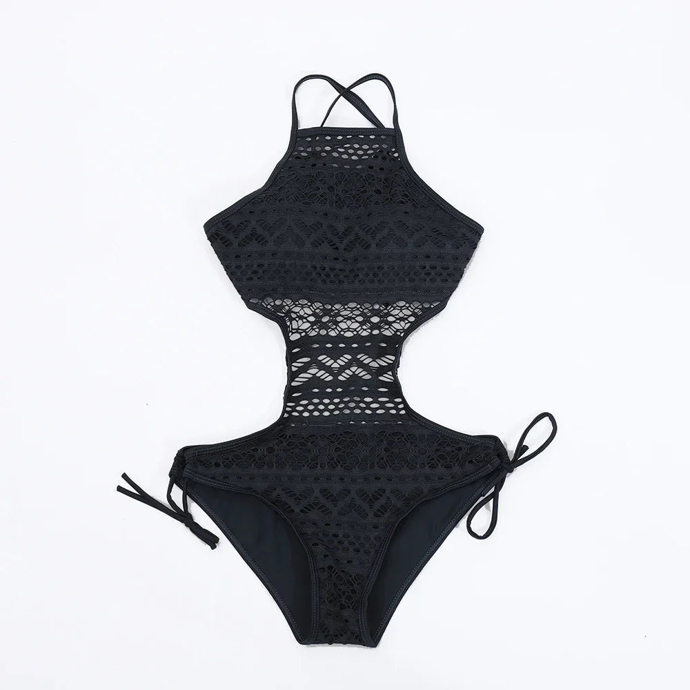 New 2024 women swimsuit one pieces swimwear female sexy hollow monokini lace halter bathing suit pad beachwear solid bodysuit