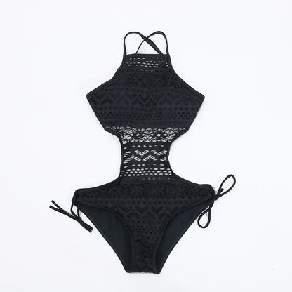 New 2024 women swimsuit one pieces swimwear female sexy hollow monokini lace halter bathing suit pad beachwear solid bodysuit
