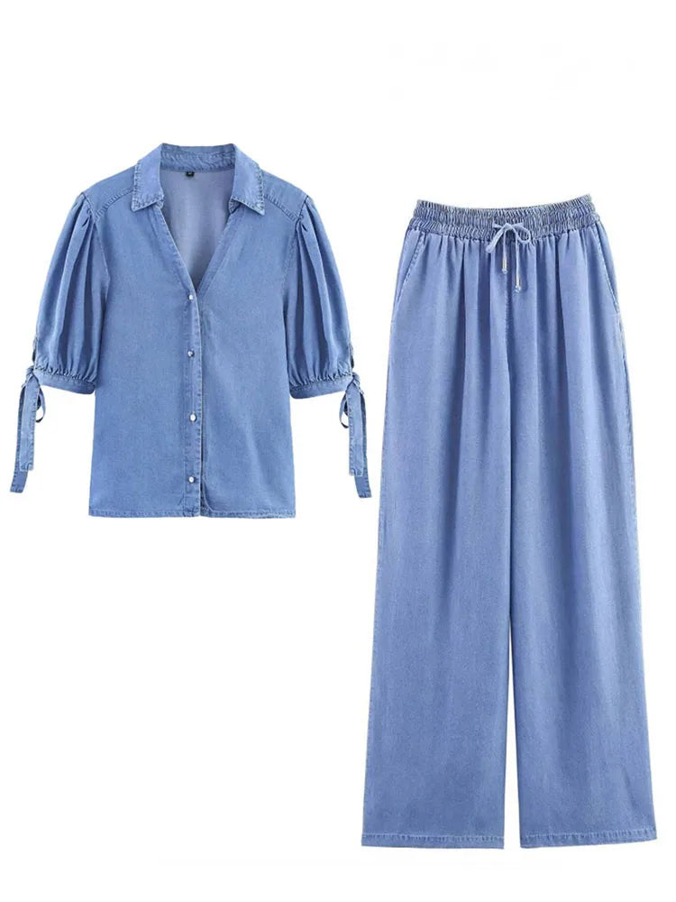 HH Women Solid Pant Sets Short Sleeves Bow Single-breasted Turn-Down Collar Shirts+Autumn Elastic Waist Pockets Wide Leg Pants Badiee Stylez