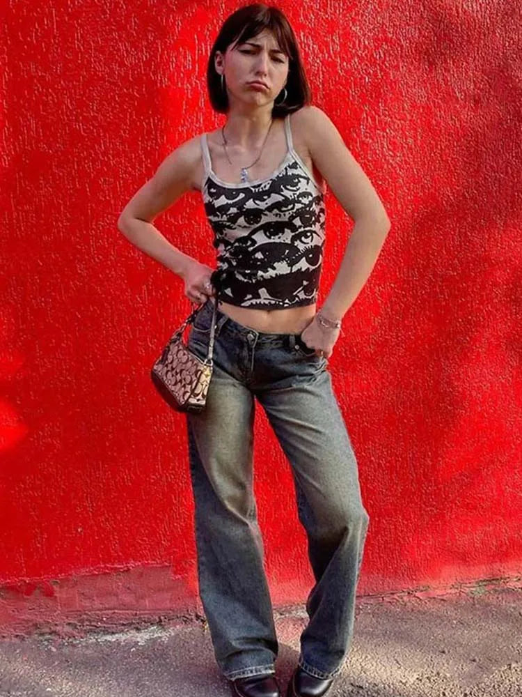 Gothic Portrait Print T-shirt Aesthetic Y2K Crop Tops Short Sleevle Vest Tees Harajuku Streetwear White Suspenders Women Clothes