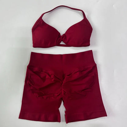 NO LOGO 2PCS Gym Set Women Strappy Yoga Bra Top High Waist Workout Scrunch Shorts Sports Suit Seamless Yoga Set Fitness Clothes Badiee Stylez