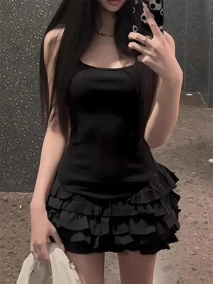 Chic Y2K Sleeveless Mini Dress For Woman Summer Black Dresses Sexy Clubwear Party Slim fit Ruffle Pleated Short Dress