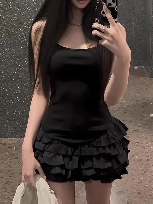 Chic Y2K Sleeveless Mini Dress For Woman Summer Black Dresses Sexy Clubwear Party Slim fit Ruffle Pleated Short Dress