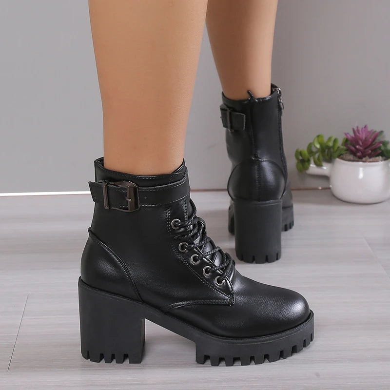 Winter New Fashion Comfortable Elegant Square with Women's Shoes Side Zipper Round Head Solid Color Simple Thick Heel Boots Badiee Stylez