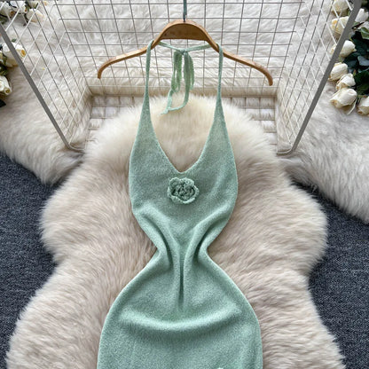 SINGREINY Halter 3D Floral Maxi Sundress Women Sleeveless Bodycon Elastic Beach Dress Vacation Knitted Split Sexy Long Dress