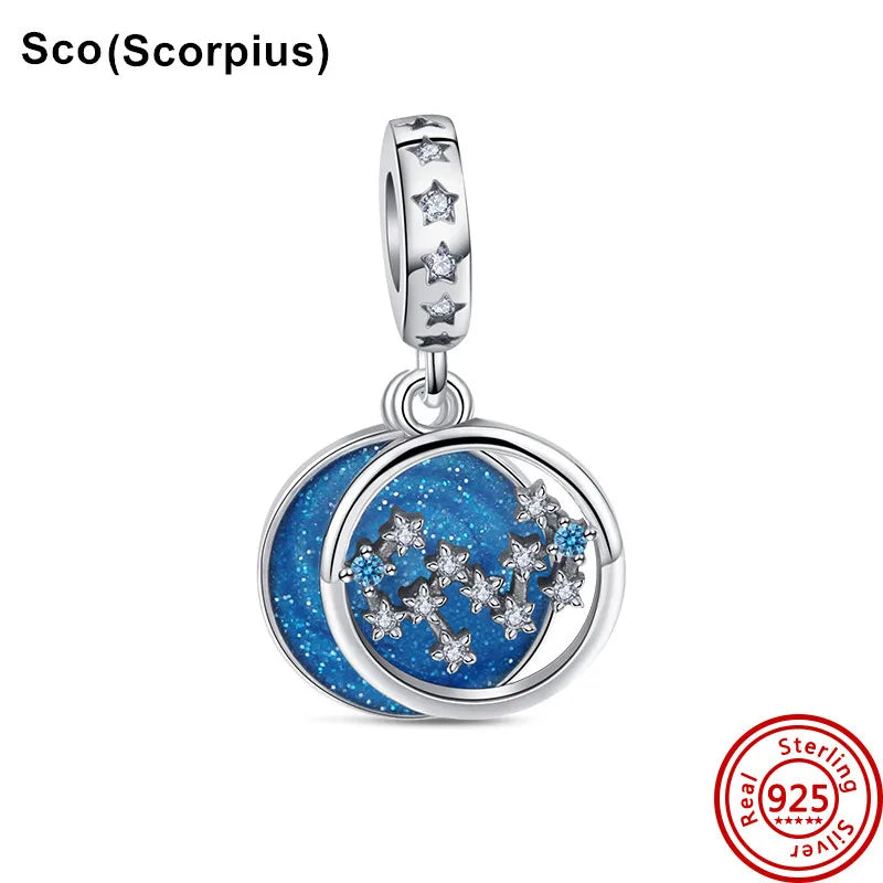 Authentic 925 Sterling Silver Sparkling Aries Leo Scorpio 12 Zodiac Signs Constellation Charm Beads Fit Pantaro Bracelet Jewelry N455