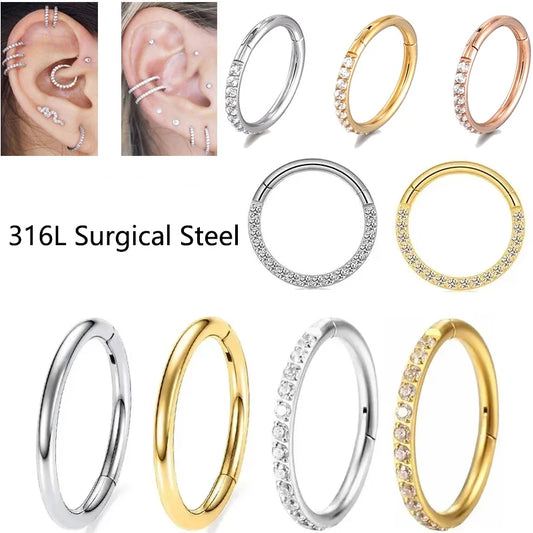 Surgical Steel Nose Rings Hinged Segment Ear Cartilage Tragus Earrings Helix Hoops CZ Septum Clicker Piercing Body Jewelry