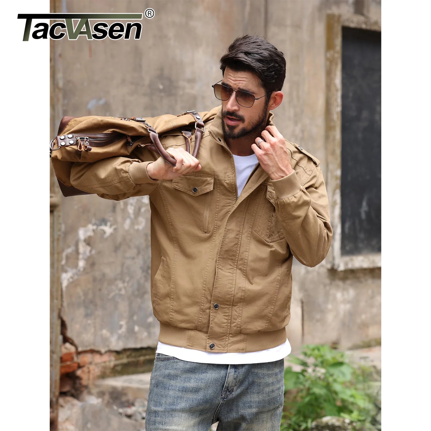 TACVASEN Full Zip Cargo Jacket Mens Retro Stand Collar Pilot Jacket Spring Autumn Lightweight Bomber Jacket Casual Outwear