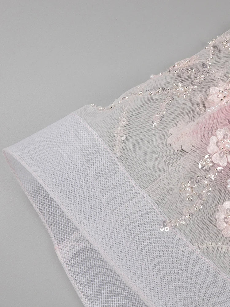 VC Diamond Beaded Spaghetti Strap Long Dress Pearls Sequins Structured Flowers High Split Sheer Mesh Trendy Celebrity Party Gown Badiee Stylez