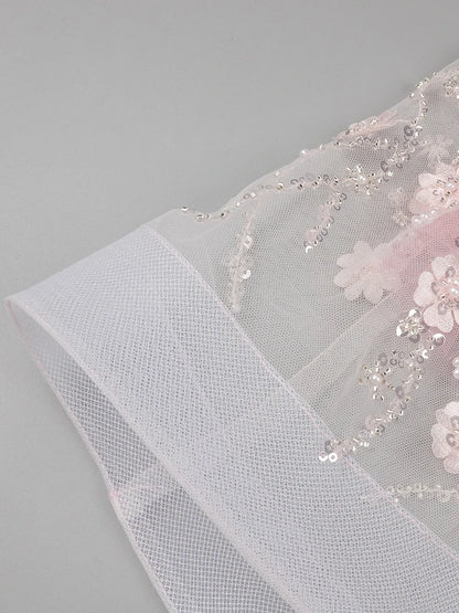 VC Diamond Beaded Spaghetti Strap Long Dress Pearls Sequins Structured Flowers High Split Sheer Mesh Trendy Celebrity Party Gown Badiee Stylez