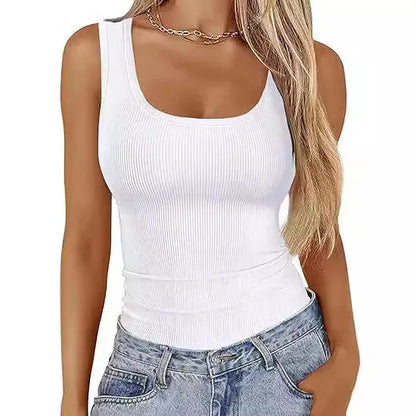 Summer Women's Vest Slim Fit Elastic Fashion Thread Basic Pullover Simple Versatile Square Collar Sleeveless T-shirt White