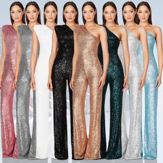 Women Elegant Long Jumpsuits Sexy Glitter Sequin Club Ladies Playsuits Slanted Collar Party Fashion Backless Solid Romper 2024 Badiee Stylez