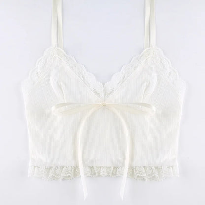 Lace Trim Crop Top Aesthetic White Bow Cute Sweet Mini Vest Knitted Basic Casual Tee Women Summer Backless Beach