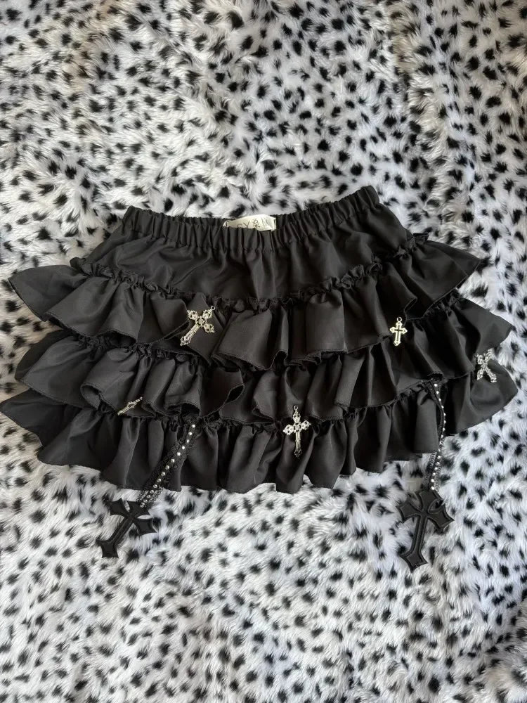 Emo Women Y2K Japanese Goth Elastic Waist Cross Mini Short Skirt High Waist Aesthetic Acubi Ruffle Skirts A-line 2000s Clothes