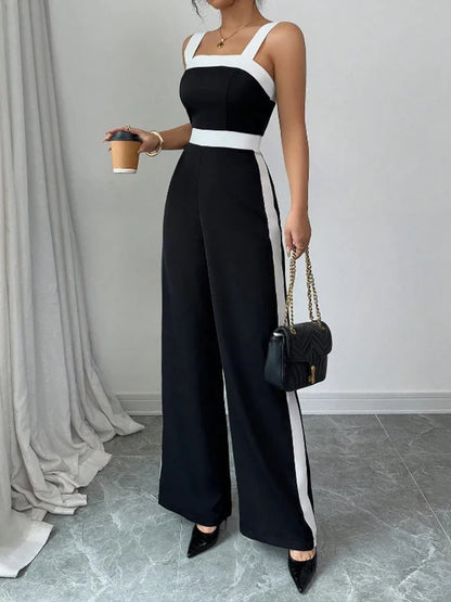 Women's Casual Black Jumpsuit White Contrast Trim Square Neck Great for City Nights Social Gatherings Fashionable Wear Badiee Stylez