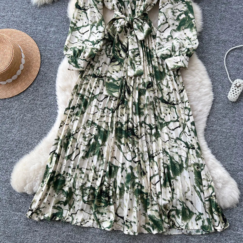 Chic vintage long sleeve turn-down collar button pleated Elegant Fairy korean fashion Boho women clothing Long dress