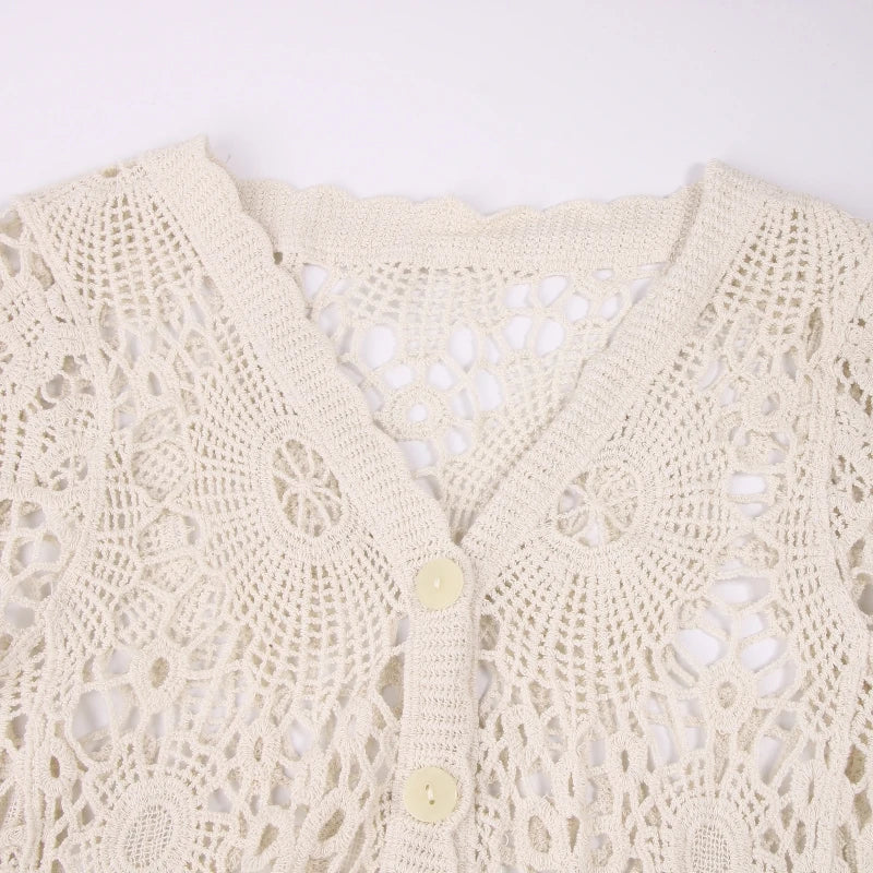 Women French Style Short Sleeve Lace Shrug Hollow Out Crochet Knit Cardigan V-Neck Button Down Sheer Crop for Jac
