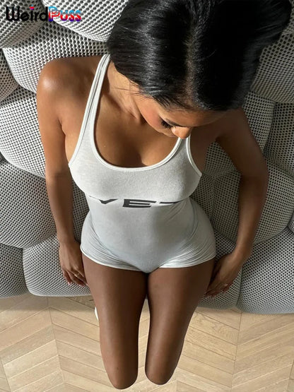 Weird Puss Letter Print Romper Women Low-Neck Sporty Casual Sleeveless Stretch Activity Skinny Playsuit Tight Short Overalls