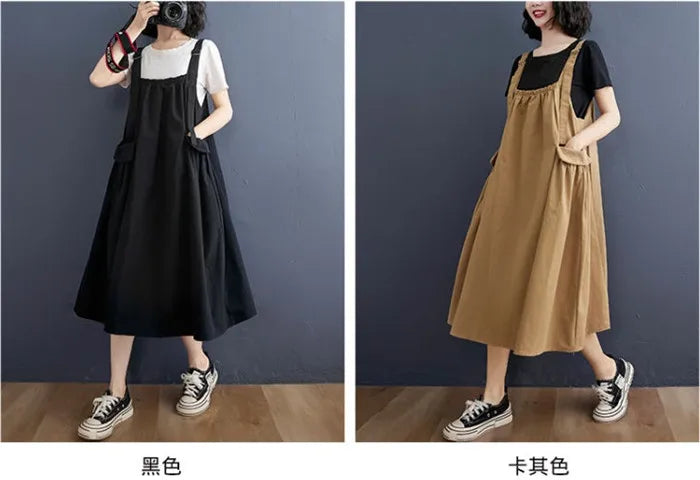 Female Dress Summer Mid-Length Loose Solid Color Pocket Swing Chic Casual Straps Dresses New Women Dress Vestidos Selling