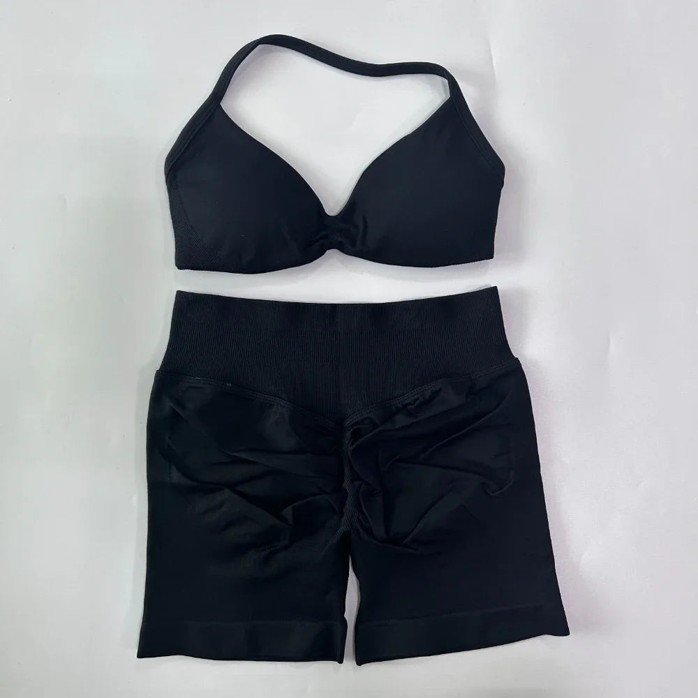 NO LOGO 2PCS Gym Set Women Strappy Yoga Bra Top High Waist Workout Scrunch Shorts Sports Suit Seamless Yoga Set Fitness Clothes Badiee Stylez