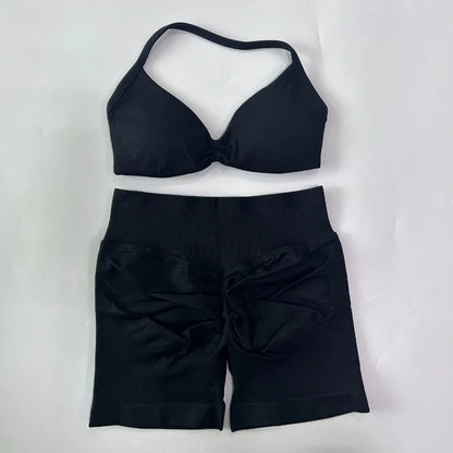 NO LOGO 2PCS Gym Set Women Strappy Yoga Bra Top High Waist Workout Scrunch Shorts Sports Suit Seamless Yoga Set Fitness Clothes Badiee Stylez