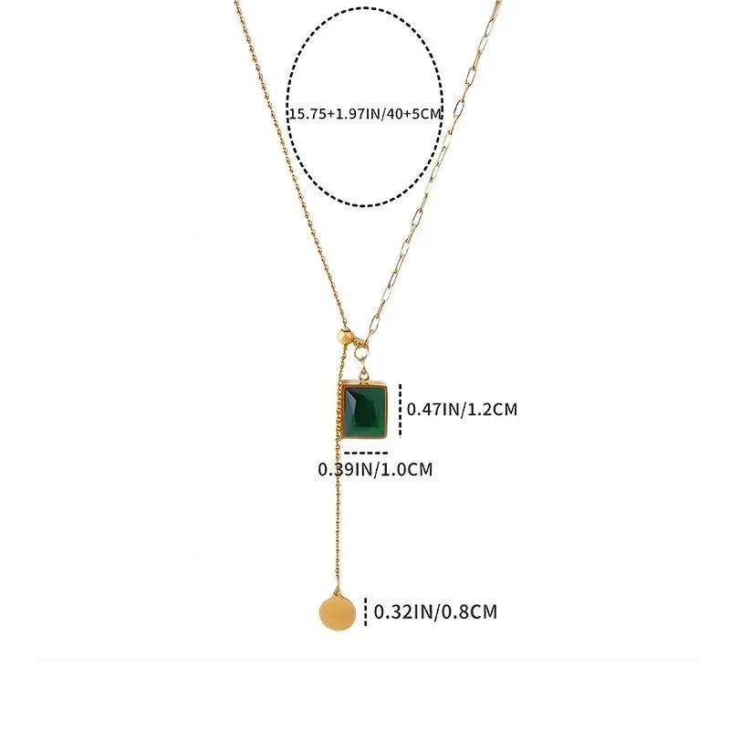 Trendy Square Stainless Steel Green Zirconia Pendant Necklaces For Women Girls Gold Color Metal Round Drop Jewelry Birthday Badiee Stylez