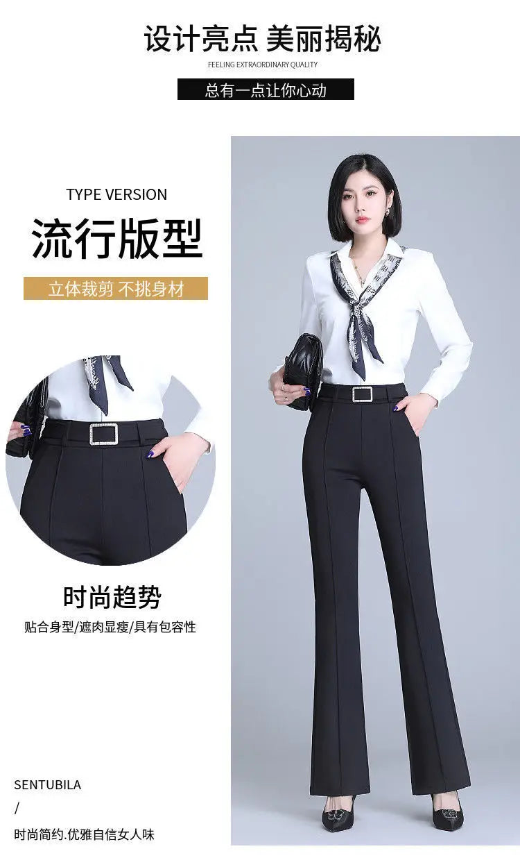 Office Lady Elegant Fashion Flare Pants Spring Autumn Diamonds High Waist All-match Solid Women Casual Straight Trousers 2022 Badiee Stylez