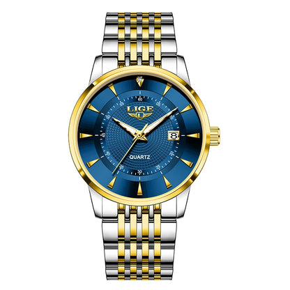 LIGE's new Fashion Women's Watch Luxury Stainless Steel Waterproof Clock Calendar Gift Quartz Watch for Women Relogio Feminino Golden Blue