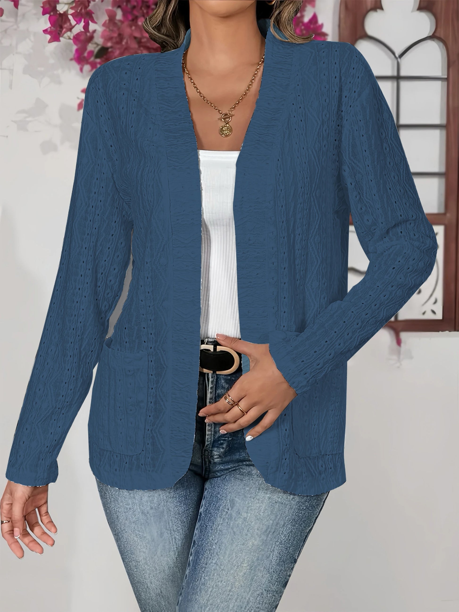 Plus Size Open Front Cardigan - Lightweight Sheer Jacket with Pockets, Chic Fall Outerwear for Women Blue