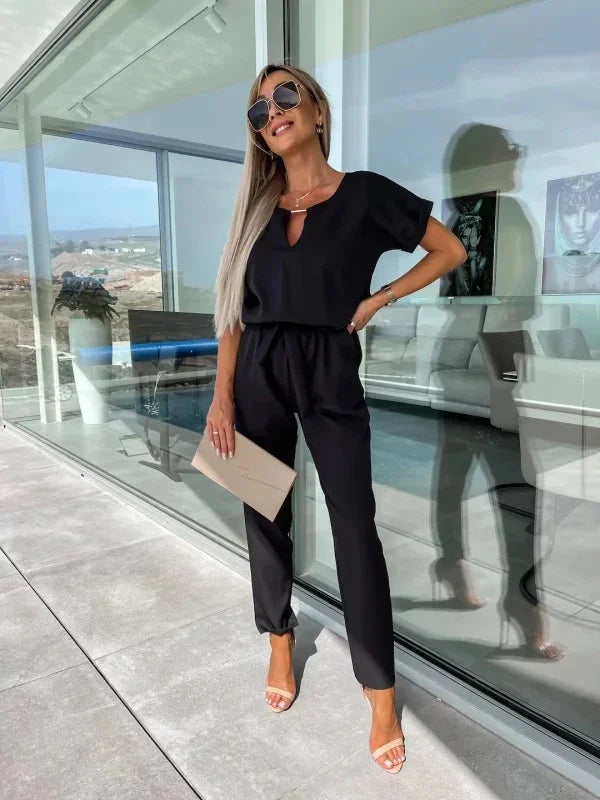 Jumpsuit Women 2023 Solid Color Short Sleeve V-neck Pocket Lace-up Pencil Long Pants Jumpsuits Summer Outfits Bodysuits Badiee Stylez