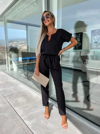 Jumpsuit Women 2023 Solid Color Short Sleeve V-neck Pocket Lace-up Pencil Long Pants Jumpsuits Summer Outfits Bodysuits Badiee Stylez