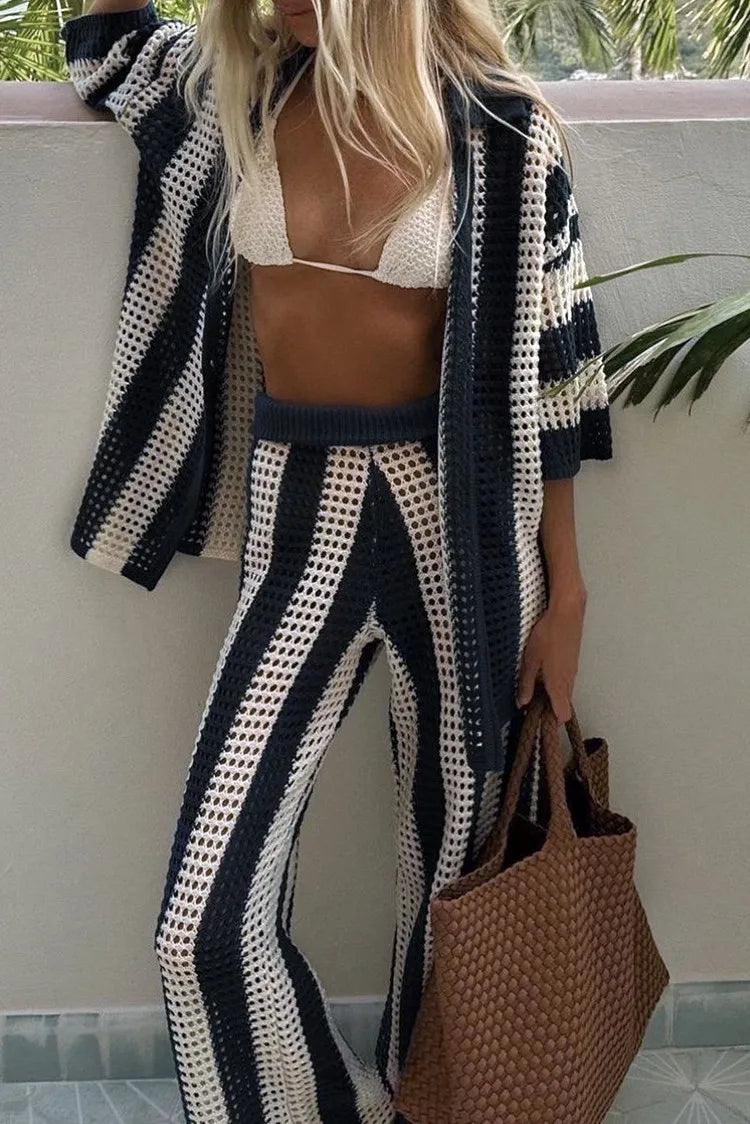 Women With Summer V-neck Button Top & Wide Leg Pants Suits Spring Crochet Hollow Knitted Set Woman 2 Pieces Striped Print