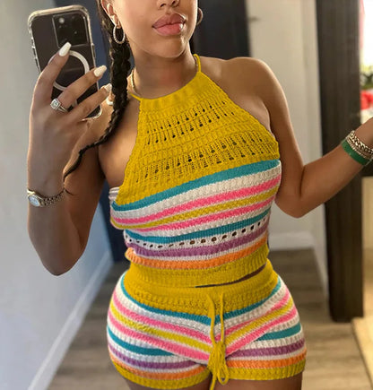 Striped Hollow Out Top & Drawstring Shorts Set Women Two Piece Set Y2k Club Beach Vest Halter Tops Elastic Waist Summer 2025