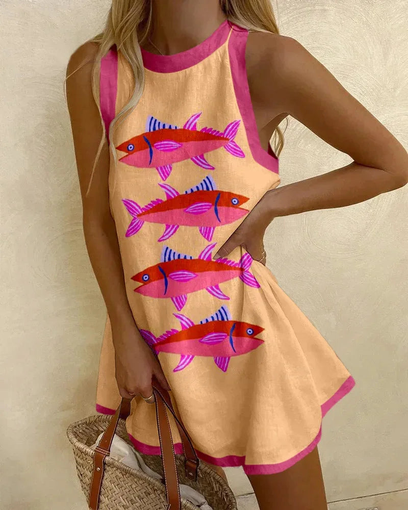 Women Sleeveless Dress Cute Sardines Fish Graphic Print Summer New Short Dress Beach Vacation Party Girl Skirts Dress 16