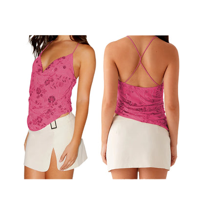 Combhasaki Women Summer Sleeveless Beading Camis Top V-neck Tie-up Cross Backless Pearl Glitter Sequin Flower Embroideried Vest Draped Rosy