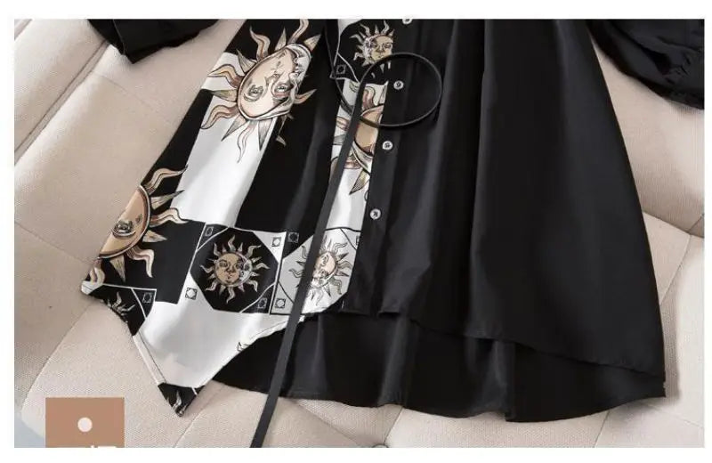 Print Vintage A-Line With Belt Loose Polo Neck Women's Dress Single-Breasted Knee Length Dresses For Women Clothing 2024 Fashion