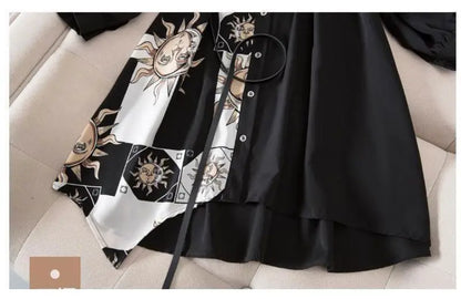 Print Vintage A-Line With Belt Loose Polo Neck Women's Dress Single-Breasted Knee Length Dresses For Women Clothing 2024 Fashion