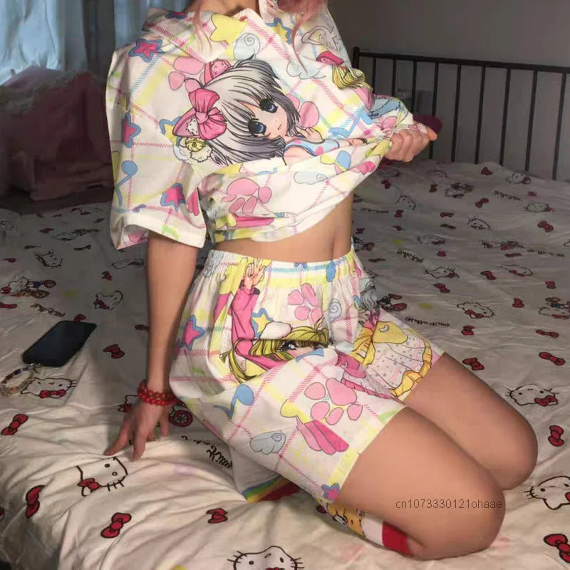 Sweet Soft Y2k Girl Fashion Anime Sleepwear Women's Summer New Cute Cartoon Thin Home Set Japanese Style Harajuku Kawaii Pajamas