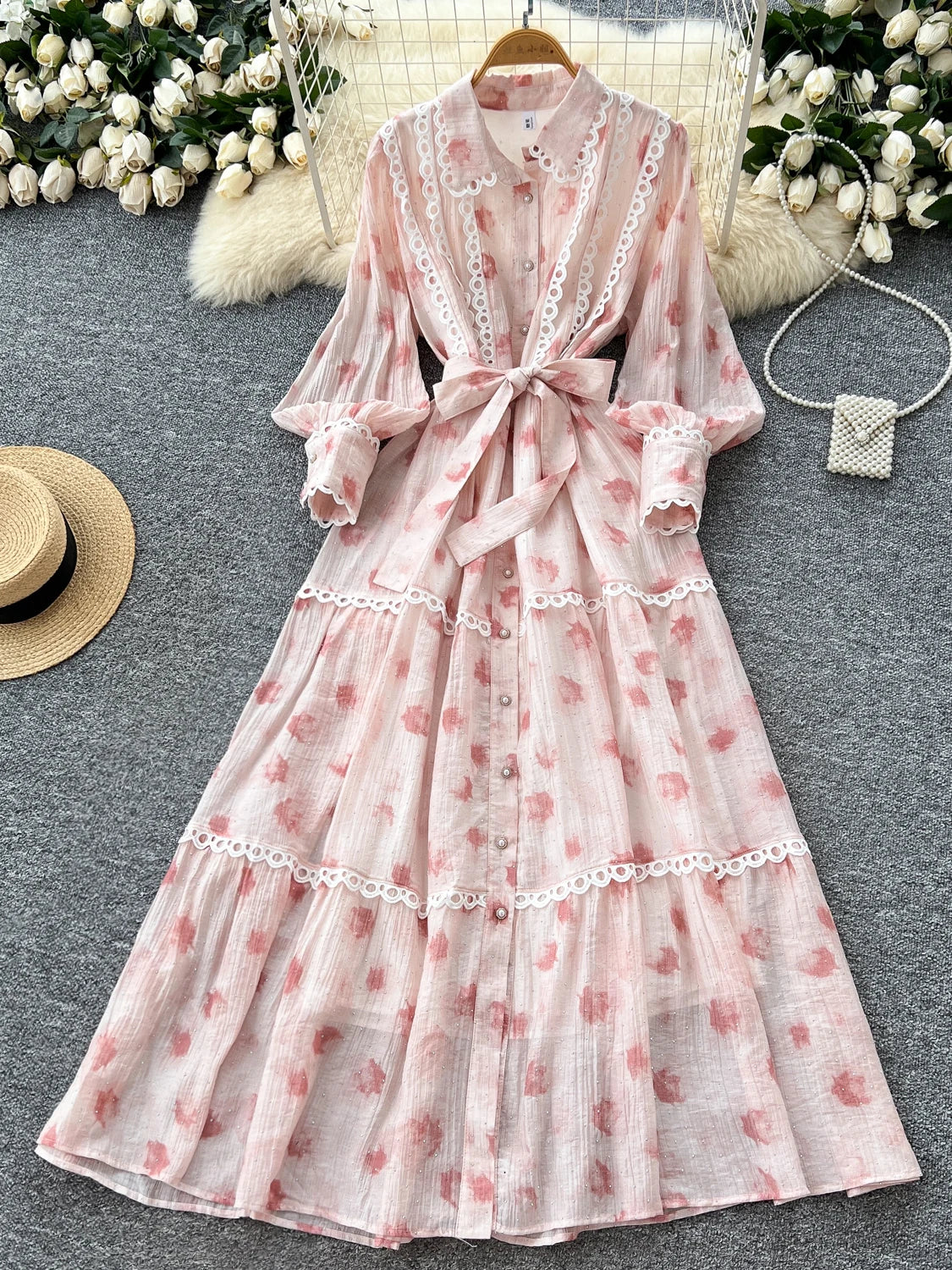 Chic vintage rhinestone lace-up slim Elegant Fairy korean fashion Boho Sundress women clothing Long dress Pink One Size